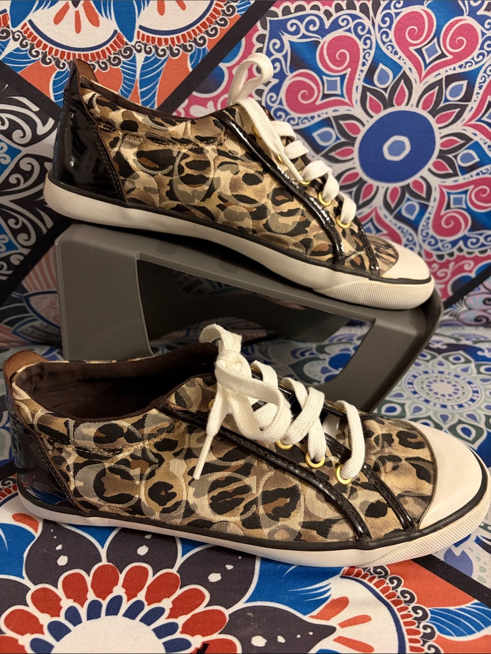 Coach Leopard-Print Low-Top Sneakers in Beige, Black and White